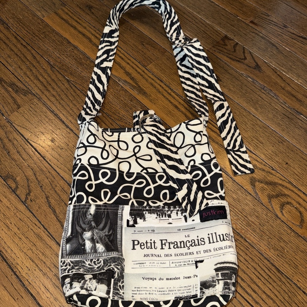 Just Kim Messenger Bag Black And White Newspaper Print 13"x11" Adjustable